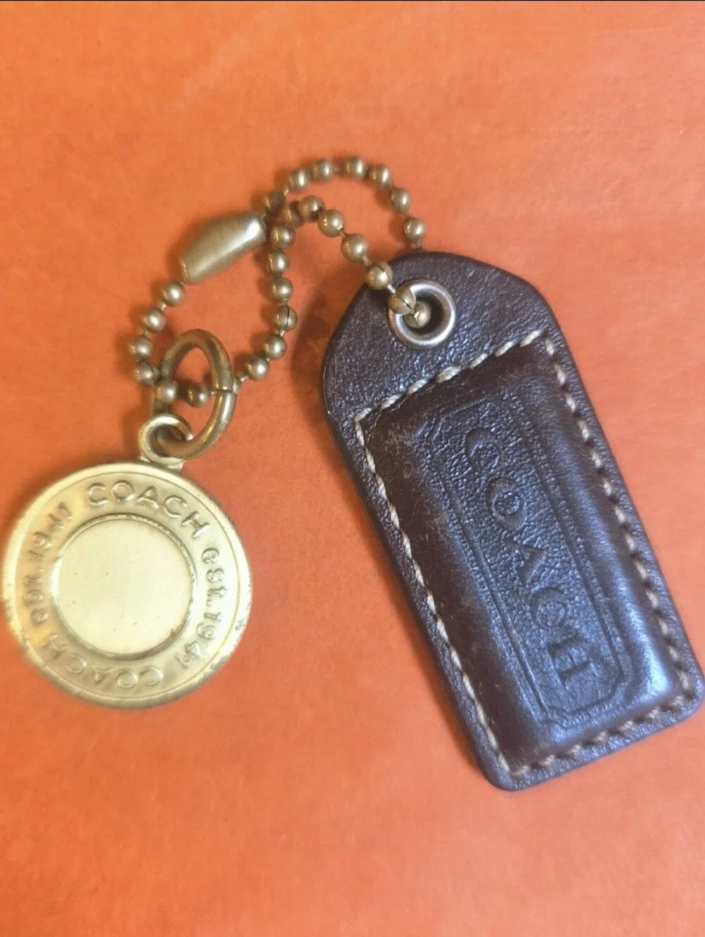 SOLD Vintage Coach Mahogany Leather Hangtag & Brass EST 1941 Medallion Charm Set